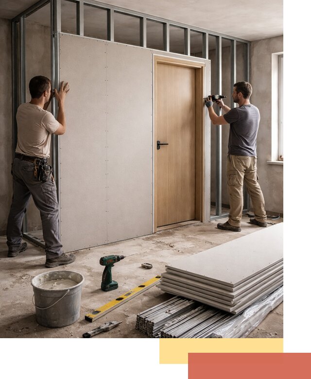 Перегородка из гипсокартона с дверью под ключ в Чебоксарах