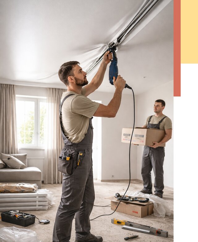 Монтаж сатинового натяжного потолка в Чебоксарах от 3599 руб. | Быстро, недорого — ОТДЕЛОЧНИК-Чбк