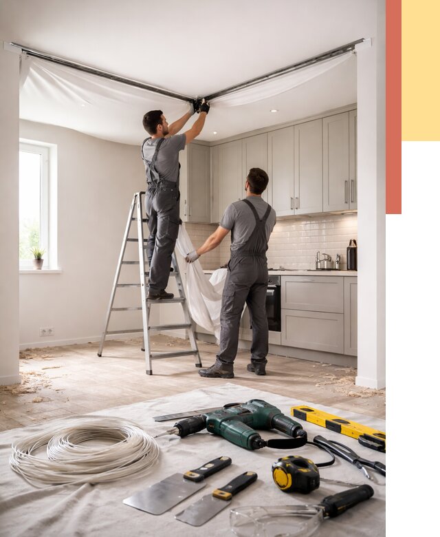 Установка натяжного потолка на кухне в Чебоксарах от 2468 руб. | ОТДЕЛОЧНИК-Чбк