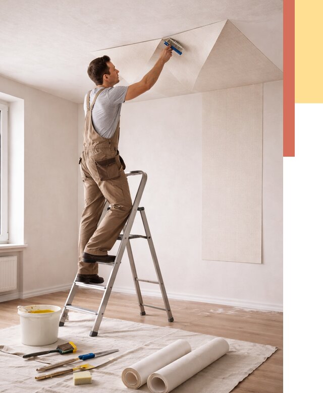 Поклейка обоев на потолок в Чебоксарах от 4628 руб. быстро и недорого | ОТДЕЛОЧНИК-Чбк